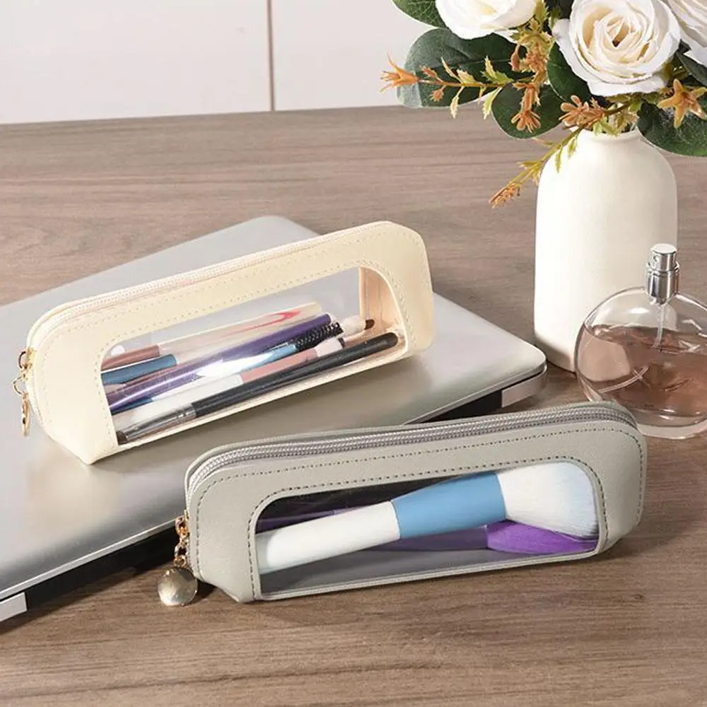 

PU Pencil Case Portable Waterproof Transparent Cosmetic Bag Zipper Travel Makeup Brush Storage Bag Wash Bag Pouch Pencil Case