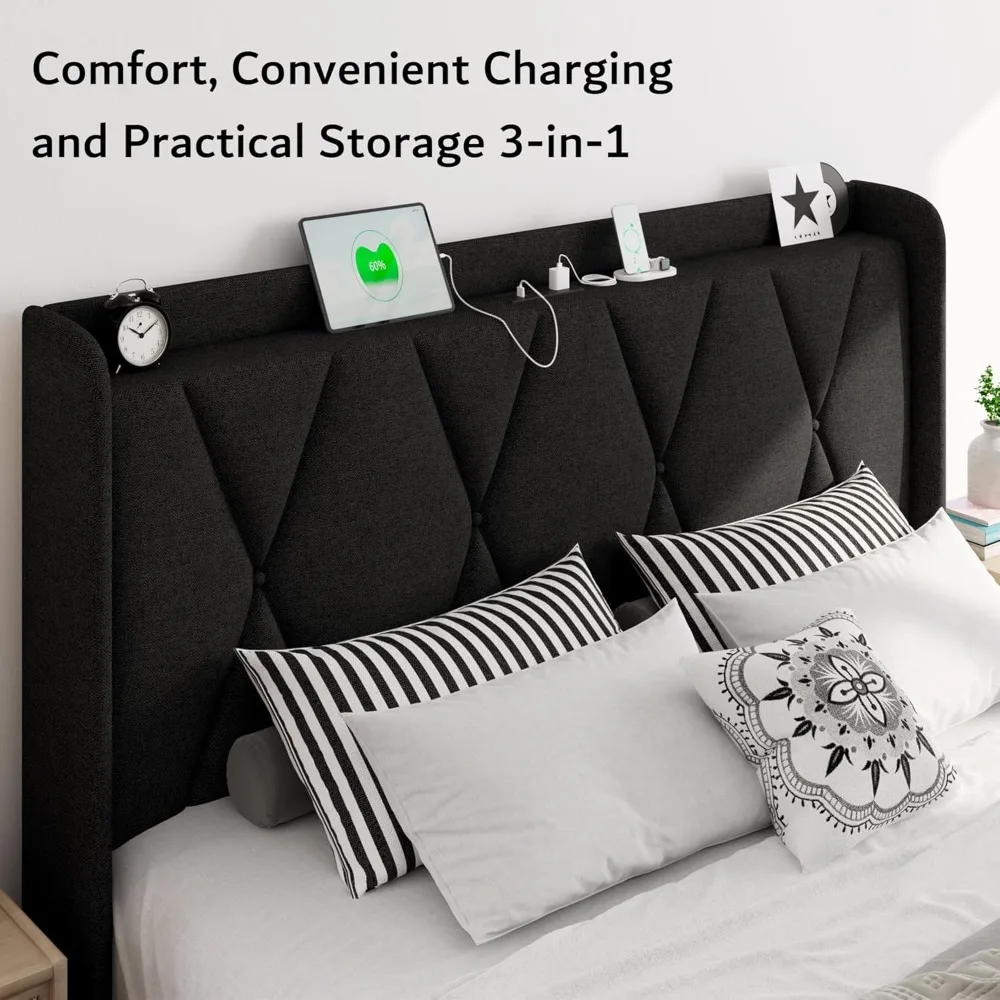 إطار سرير تخزين منجد بالحجم الكامل مع 4 أدراج، وسرير حديث بمنصة مجنح مع محطة شحن