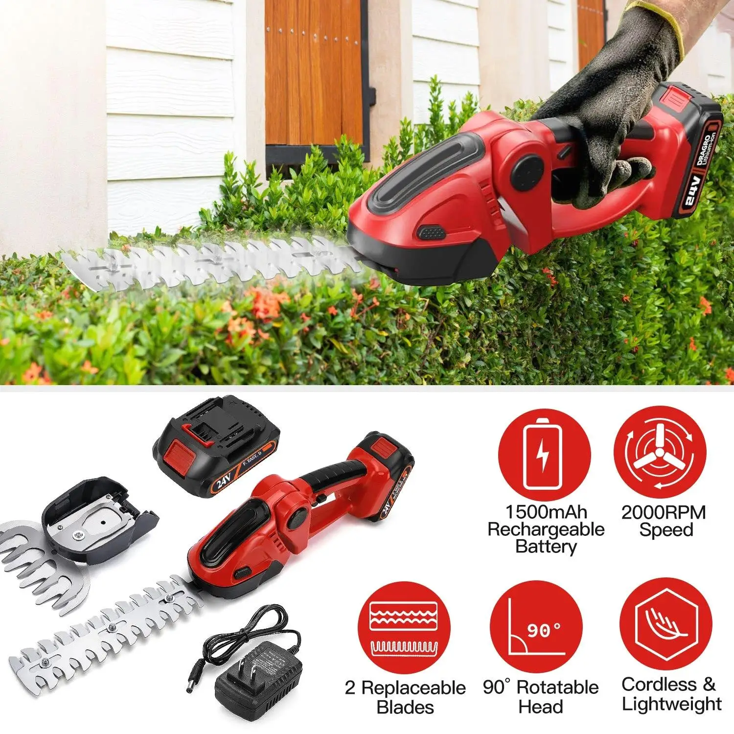 24V Cordless Electric Grass Shear Hedge Trimmer - 90° Angle with 2 Replaceable Blades & Detachable Battery for garden