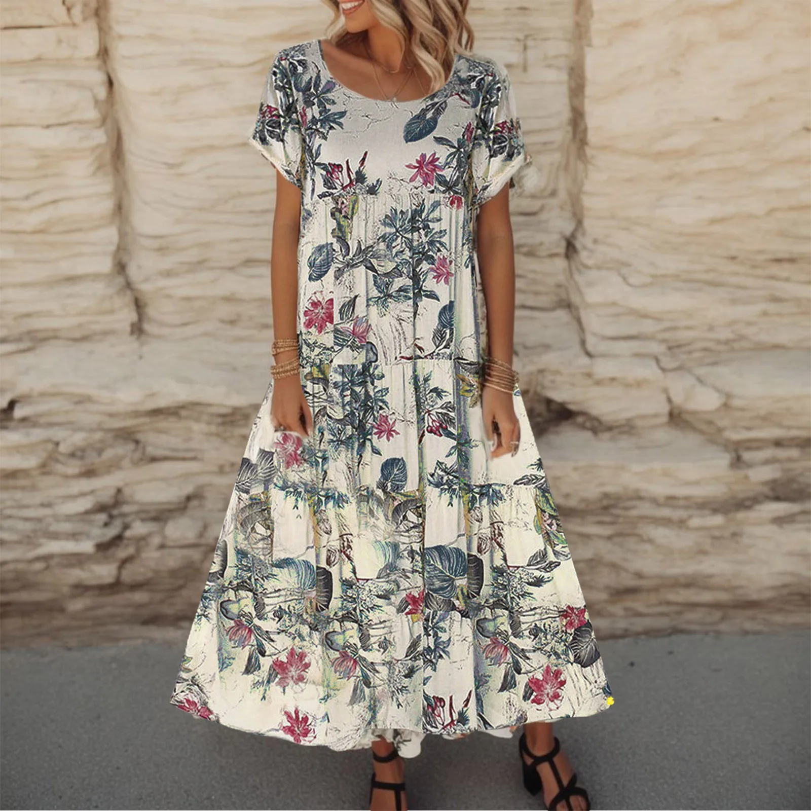 

Elegant Womens Dress Floral Printed Crew Neck Long Dresses Short Sleeve Temperament Casual Maxi Dress Women Costume Femme Robe
