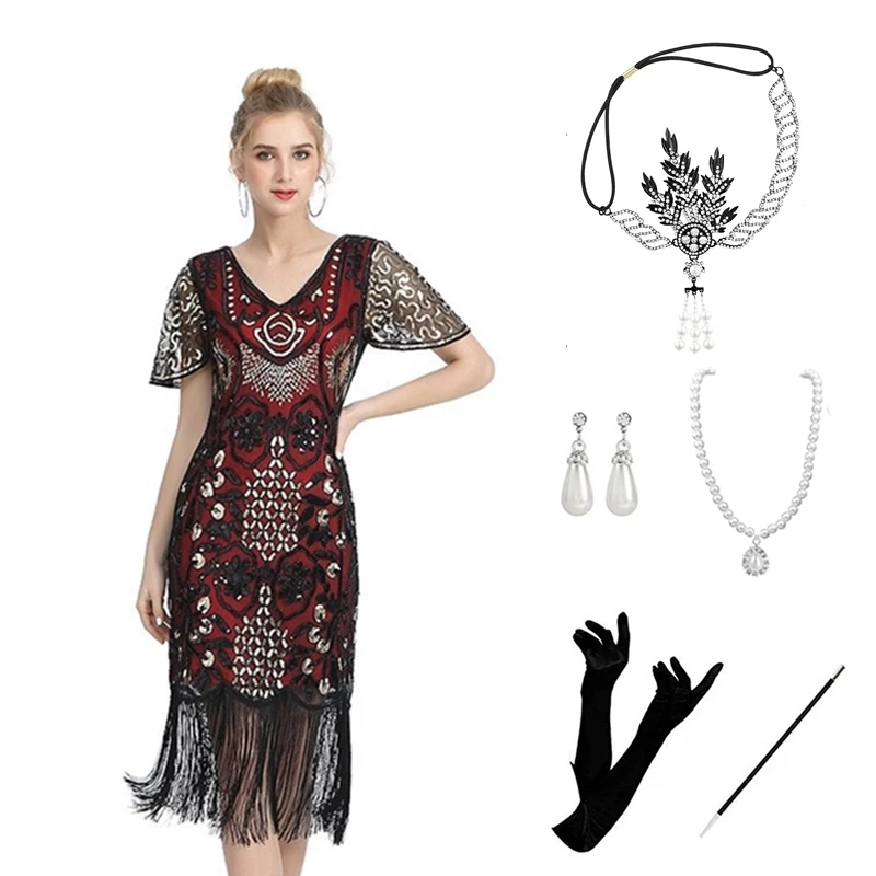 

1920s women's popular Gatsby party dresses, banquet sleeveless sequins, sexy tassel skirts, fan shaped necklace accessories set