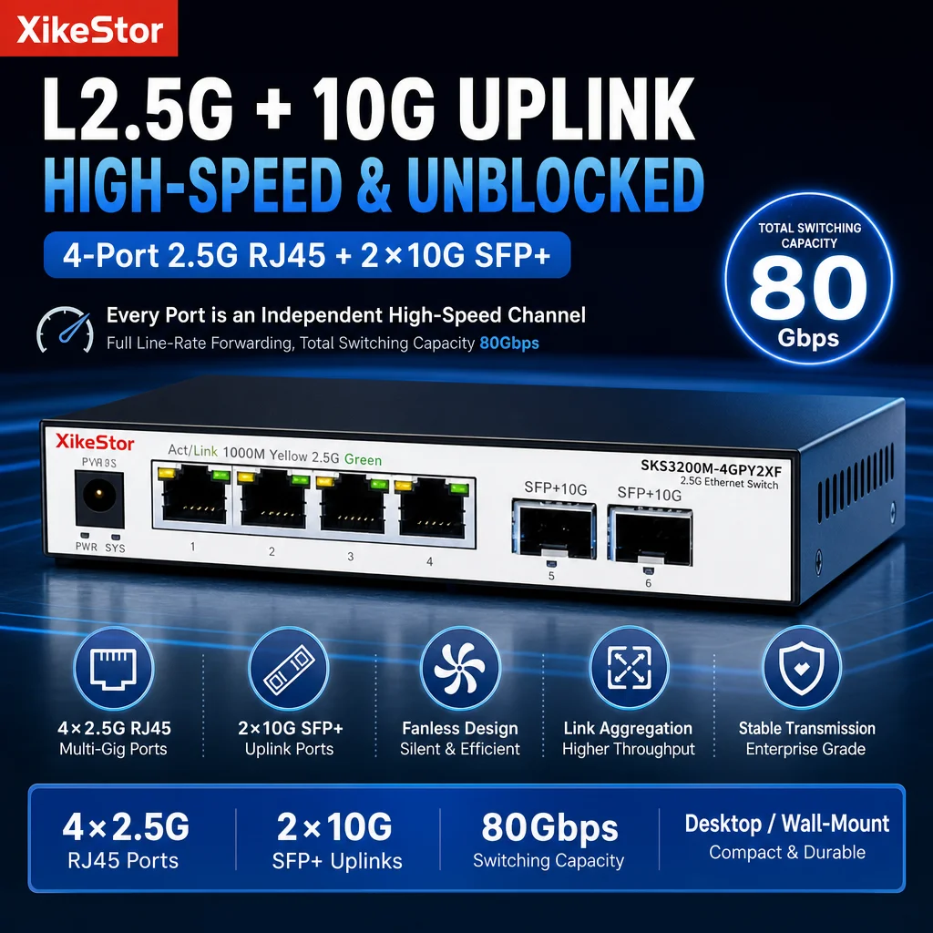 XikeStor 4 Port 2.5G RJ45 + 2 Port 10G SFP+ Fanless Network Switch Support VLAN LACP Managed Switch SKS3200M-4GPY2XF NAS Home