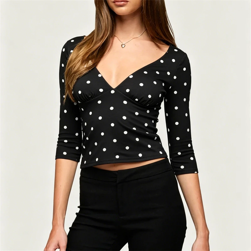 Women 3/4 Sleeve Crop Tops Sexy Deep V Neck Half Sleeve T-Shirts Y2k Coquette Summer Slim Fit Going Out Blouse Tops Going Out