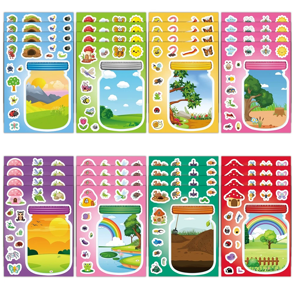 8/16 ورقة لطيف الكرتون زجاجة العالم لغز ملصقات Kawaii الحشرات الحيوانات DIY بها بنفسك تجميع بانوراما ألعاب تعليمية الشارات للأطفال