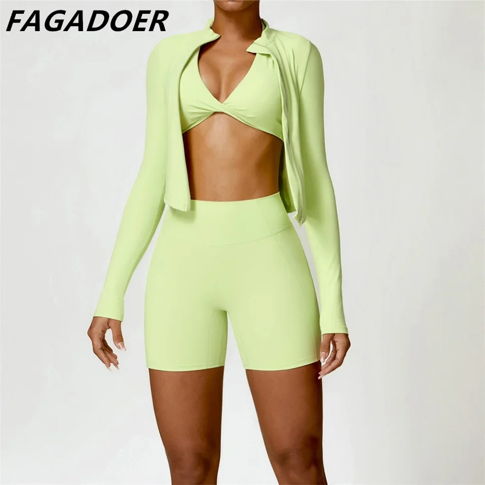 FAGADOER Candy Color Sporty 3pcs Sets Outfits Quality Stretchy Tracksuit Female Workout Street Wear Vest+Coat+Biker Shorts Suits