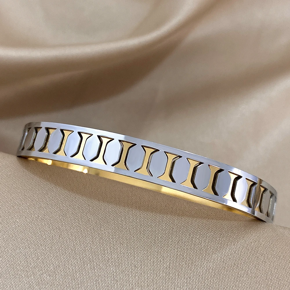 أزياء هندسية الذهب والفضة اللون الفولاذ المقاوم للصدأ الكفة الأساور للنساء لامعة السلس أساور المعصم مجوهرات للماء #6
