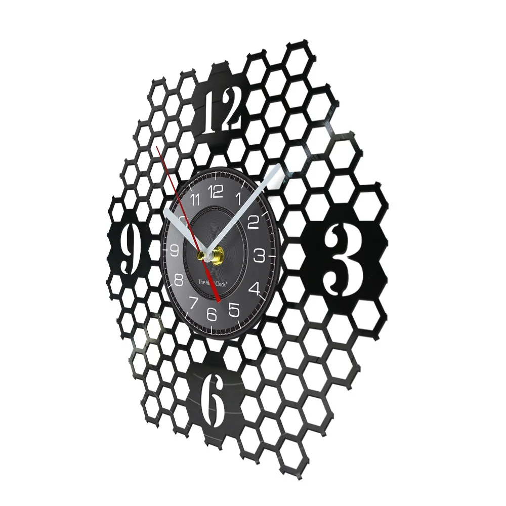 Honeycomb Inspired Vinyl Record Wall Clock With Non Ticking Silent Sweep Honeybee Geometric Minimalist Art Clock For Bee Farm
