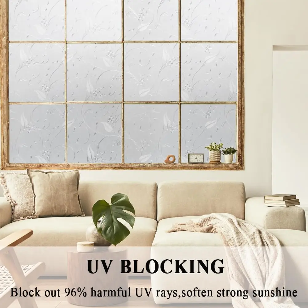 Privacy Window Film Etched Flowers Static Cling Glass Door Film Non Adhesive Heat Control Anti UV Window Cling for Home