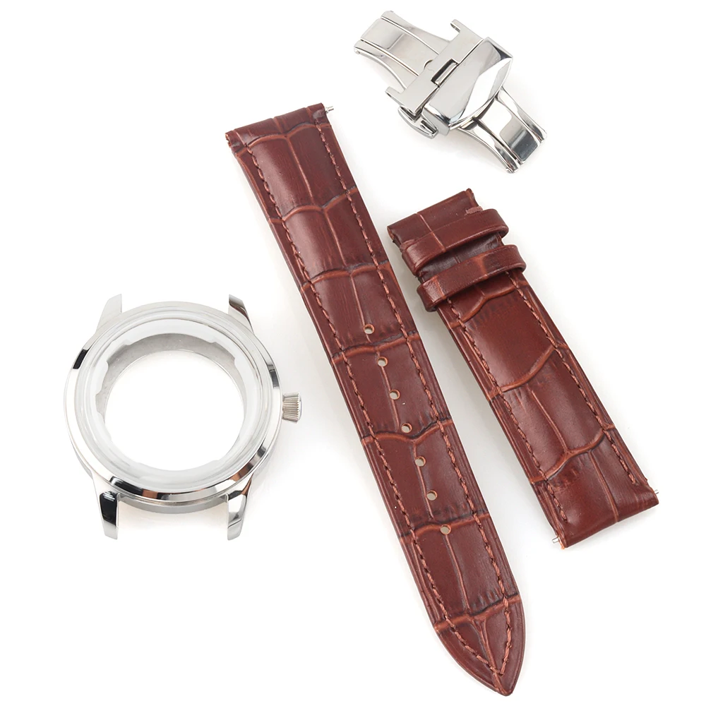 

Серебряный корпус 40 мм для часов, изогнутое стекло, нержавеющая сталь, подходит для автоматических механизмов Seiko NH35, NH36, NH38, циферблат 35 мм, кожаный ремешок.