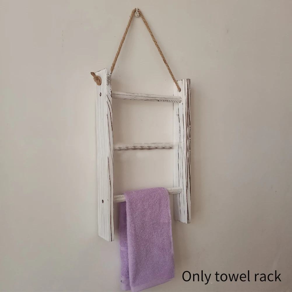 3 Tiers Storage Ladder Bathroom Wooden Towel Rack Blankets With Rope Living Room Mini Whitewashed Retro Wall Hanging Home Decor