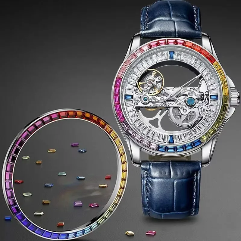 

Colored Diamond New Luxury Watch Men Fashion Hollow-out Mechanical Watches Hip Hop Bling Jewelry Reloj Hombre for Party