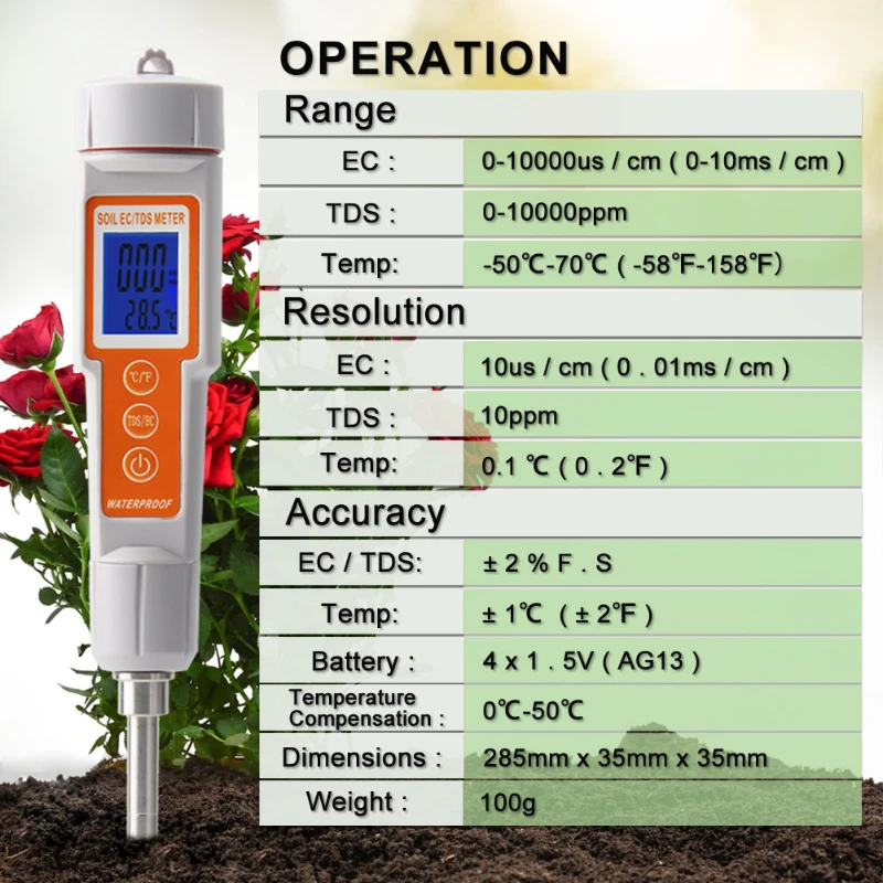 3 in1 Soil Meter TDS/EC/Temperature Soil Quality Tester for Plant Flower Farden Tools