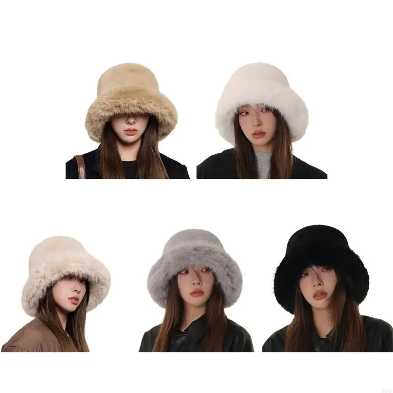 

B95F Fashionable Women Fleece Fisherman Hat Winter Warm Soft Plush Bucket Hat for Outdoor Activity Daily Styling Headpiece