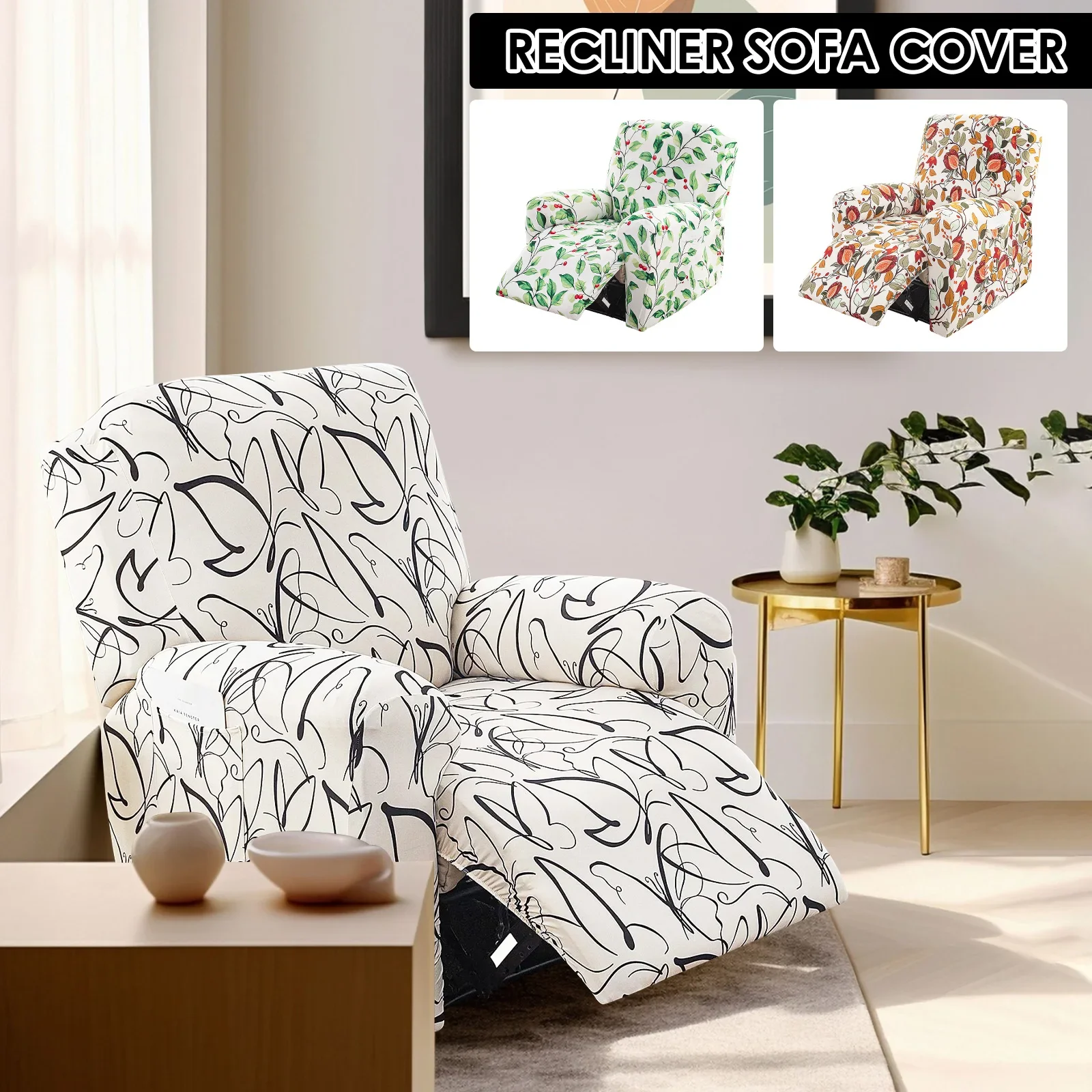 4Pcs Elastic Recliner Sofa Cover Printed Stretch Recliner Slipcovers with Side Pockets Non Slip Sofa Slipcovers for Living Room