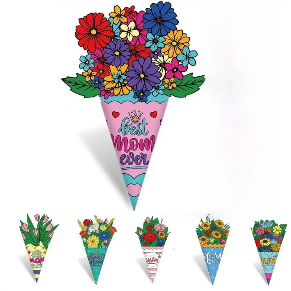 6 unids/set de ramos de papel para el día de la madre de dibujos animados, temas de mano, pintura de ramo de colores DIY, pintura artesanal, ramo artesanal, regalo para fiesta