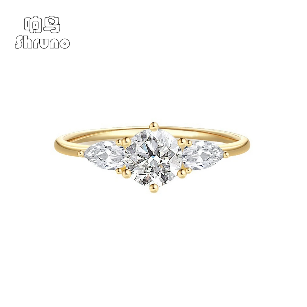 Shruno Solid 14K AU585 Yellow Gold Round Cut 1.0CT 6.5mm Moissanite Engagement Ring Three Stones Rings Halo Style for Women Gift