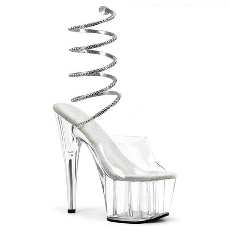 Clear Platform Coil Ankle Wrap High Heel Sandals Woman Summer 2026 Open Toe Stiletto Pole Dance Shoes Nightclub Stripper Mules