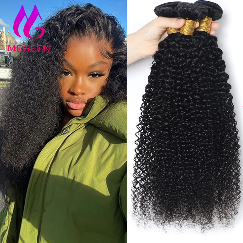 Megeen 30 Inch Burmese Human Hair Extensions Remy Natural Black Kinky Curly 1/3/4 Hair Bundles Double Weft Weave Hair For Women