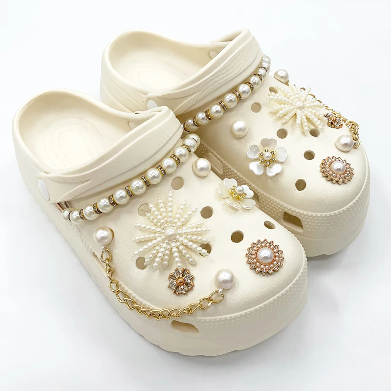 Golden Pearl Flower Shoe Charms Set Fashion Shoe Decoration DIY Detachable Shoe Buckle Shoe accessories 1Set