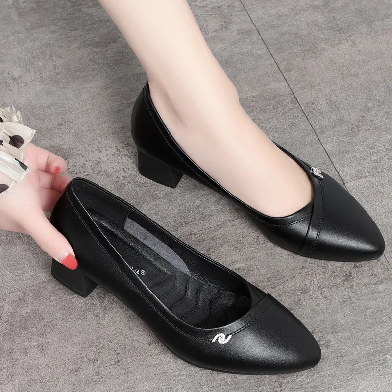 Women Fashion High Quality Black Soft Leather Office Shoes  High Heel Dress Singles Pumps For Party Anti-slip Comfortable Grace