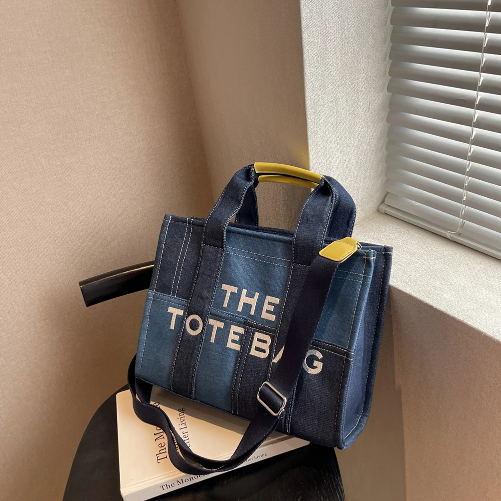 Vintage Top-handle Bag Women Girls Denim Splicing Shoulder Totes Aesthetic Washable Elegant with Zipper for Office Travel School