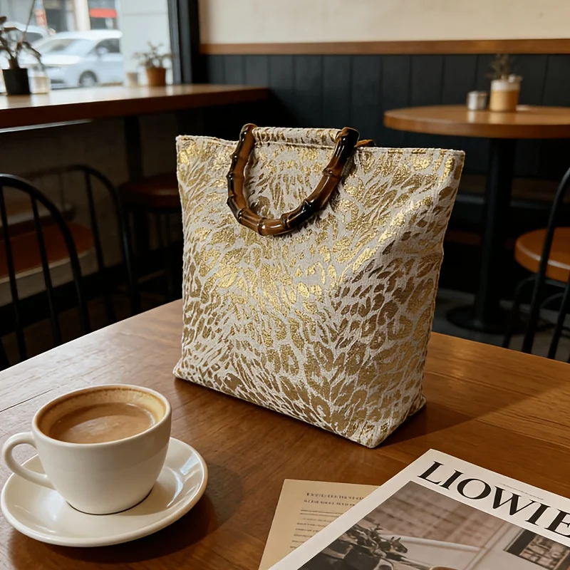 Women's Large Capacity Gold-Foil Leaf Tote Bag, Bamboo Handle Lightweight Luxury Vintage Shoulder Bag, Daily Commuting image 3