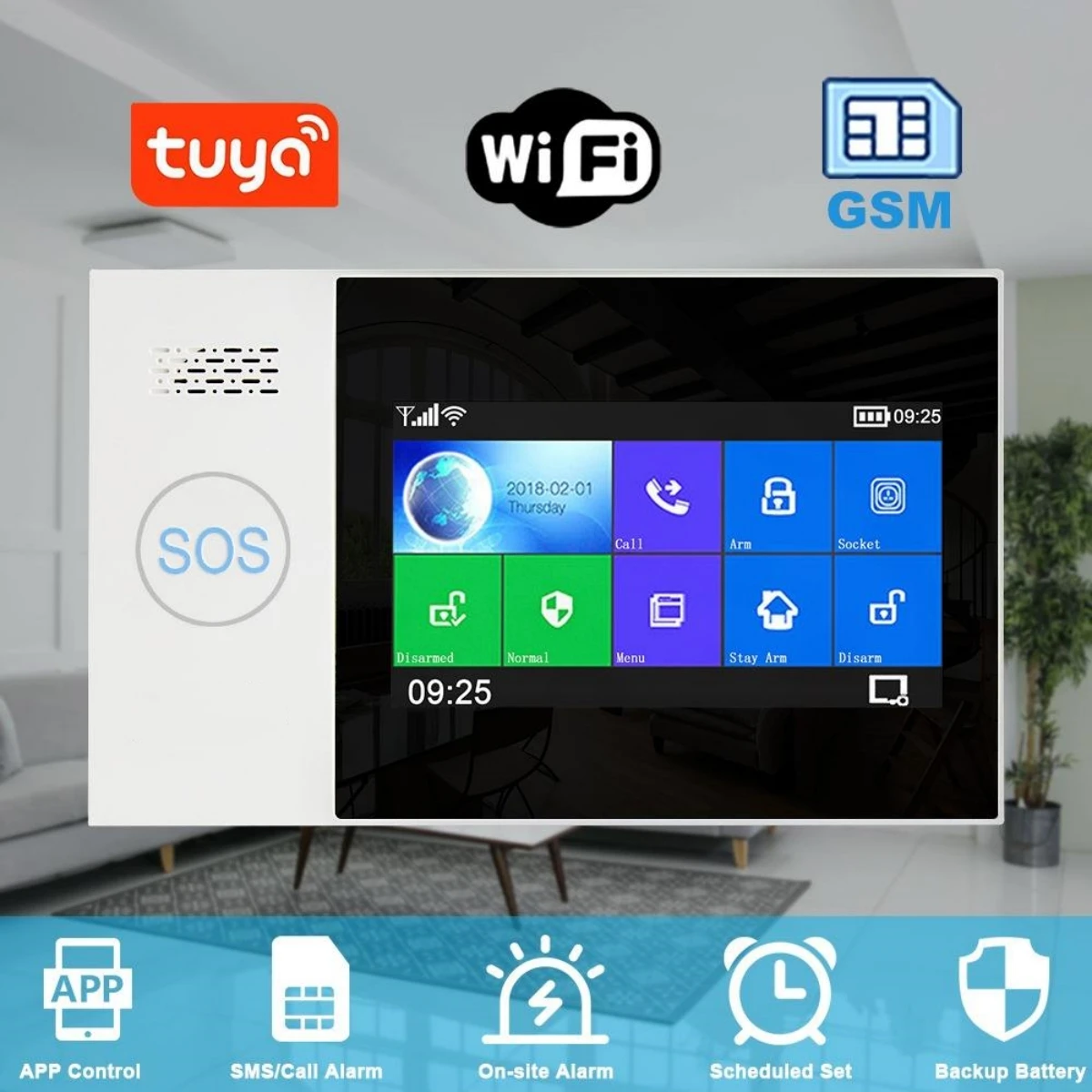 Tuya App Home Anti-theft WiFi GSM/4G Alarm Sensor Remote Control Multi-language 4.3 inch Touch Screen