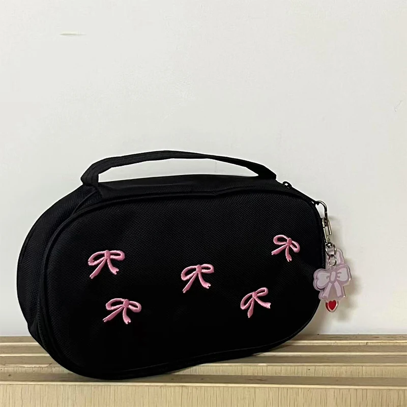 Travel Cosmetic Bag Portable Embroidered Bow Pencil Case Storage Bag Cute Sweet Stationery Pouch Pencil Bag