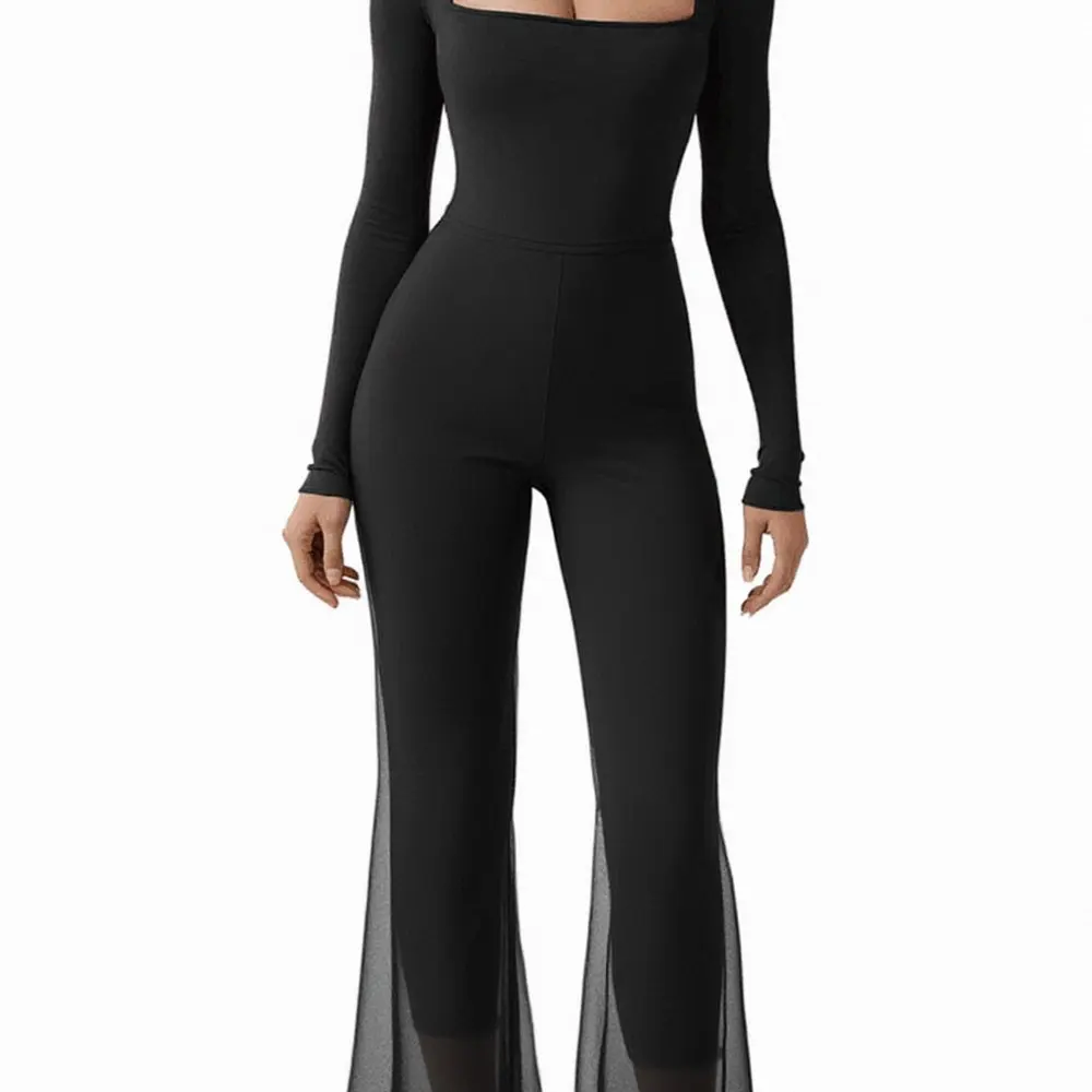 

Женские элегантные модные однотонные однотонные комбинезоны с длинным рукавом и квадратным вырезом, полная длина, сексуальные модные осенне-зимние комбинезоны