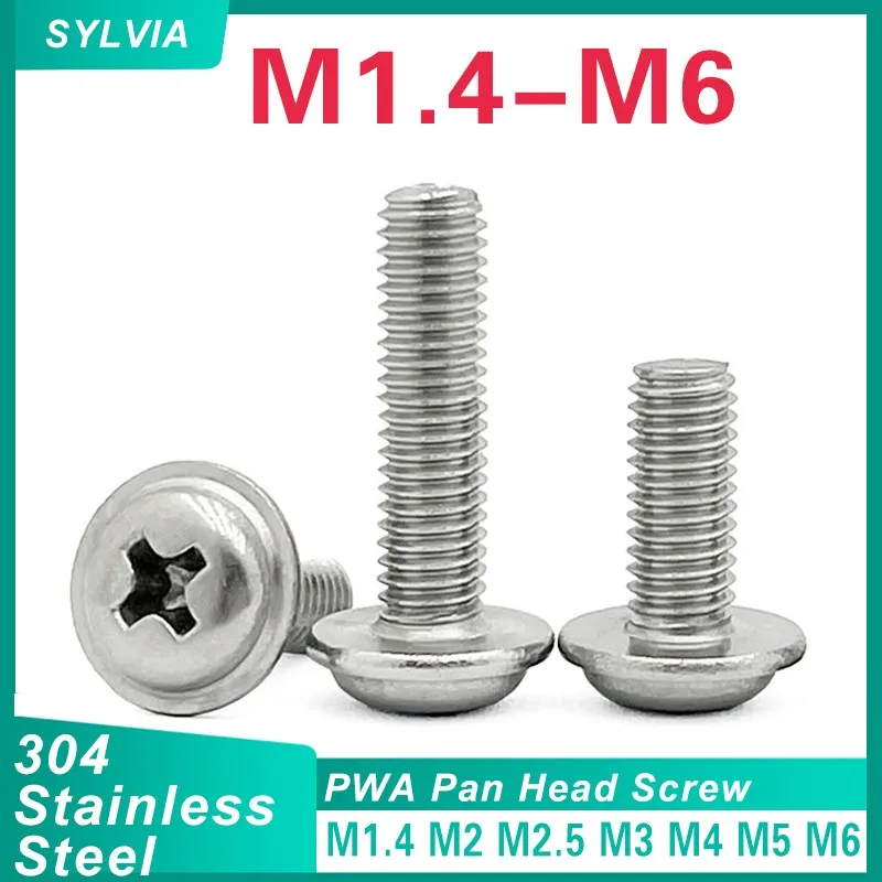 

10~100pcs 304 Stainless Steel Cross Phillips Pan Round Truss Head With Washer Padded Collar Screw Bolt M1.4 M2 M2.5 M3 M4 M5 M6