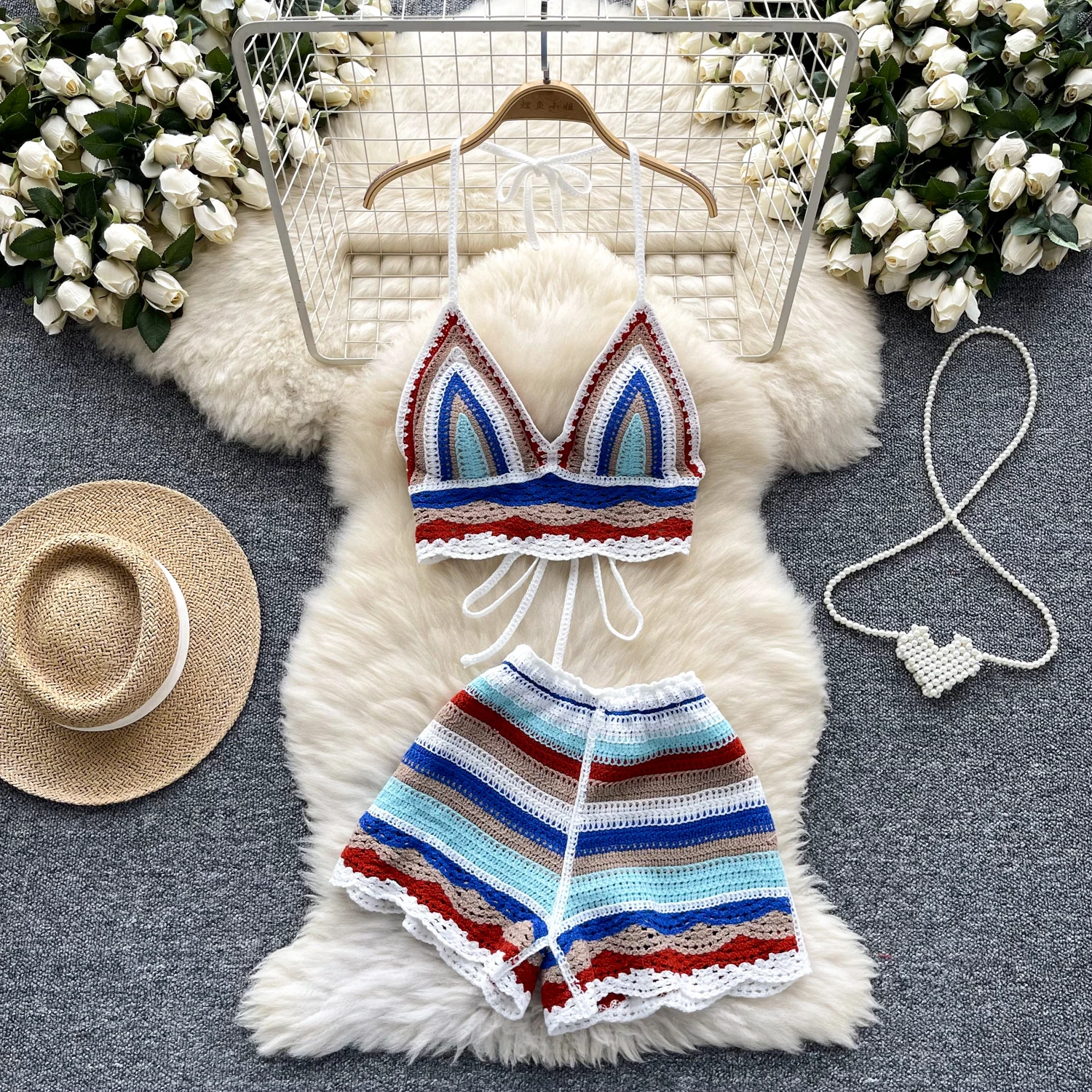 2025 Beach Vacation Knit Women Co-ord Set Crochet Knit Halter Sleeveless Lace Up Camis and Shorts 2pcs Suits Summer Outfit