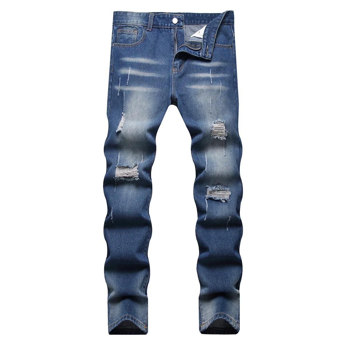 

Men's Distressed Washed Denim Jeans High Street Fashion European American Style Zipper Casual Pants