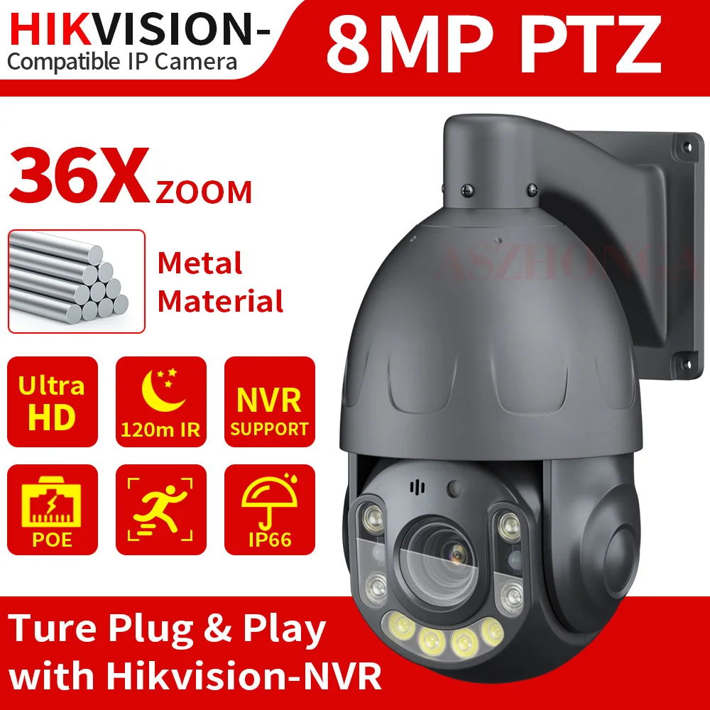 

ASZHONGA 4K 5MP POE Network Camera Outdoor HD 36x Optical Zoom PTZ CCTV Night Vision Security Protection H.265 360° Camera