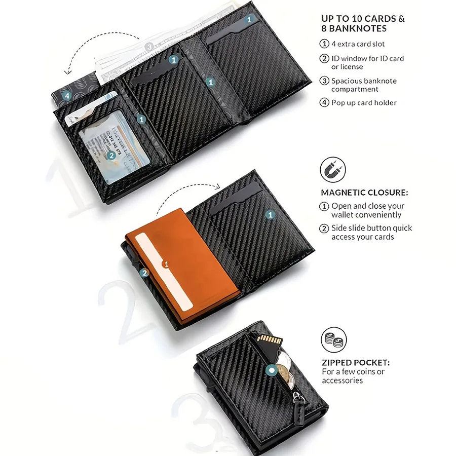 Men Carbon Fiber Wallet RFID Blocking Pop‑up Credit Card Holder Magnetic Closure Tri‑Fold Wallet With Zipper Coin Pocket