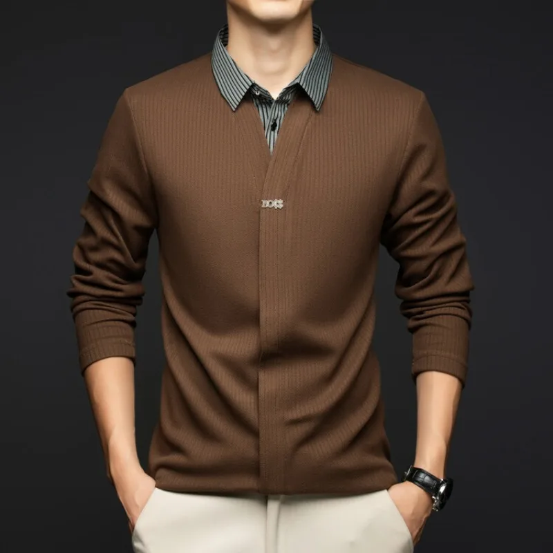 

Men's Fall/Winter Long Sleeve Top Knit Sweater with Woven Shirt Collar and Knit Body Blouse Collar T-shirt Men Clothing