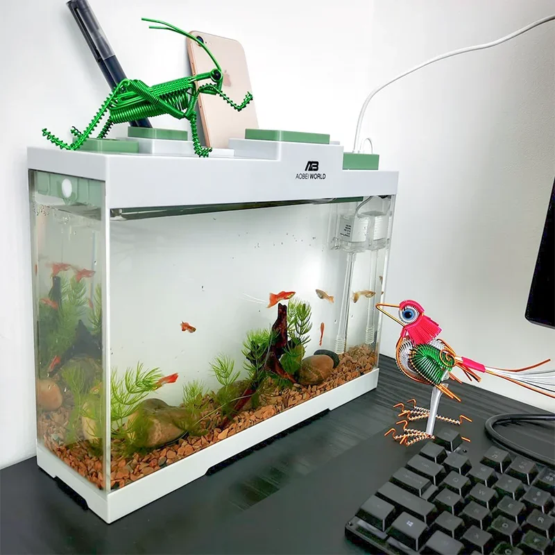 

Small Household Ecological Fish Tank Transparent Acrylic Aquarium with Light Filter Bedroom Office Desktop Fish Tank Ornaments
