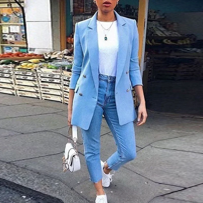 Autumn Long Sleeve Cardigan Blazer Solid Coat Casual Office Women Slim Button Jacket Work Ladies Open Front Notched Coat Blazers