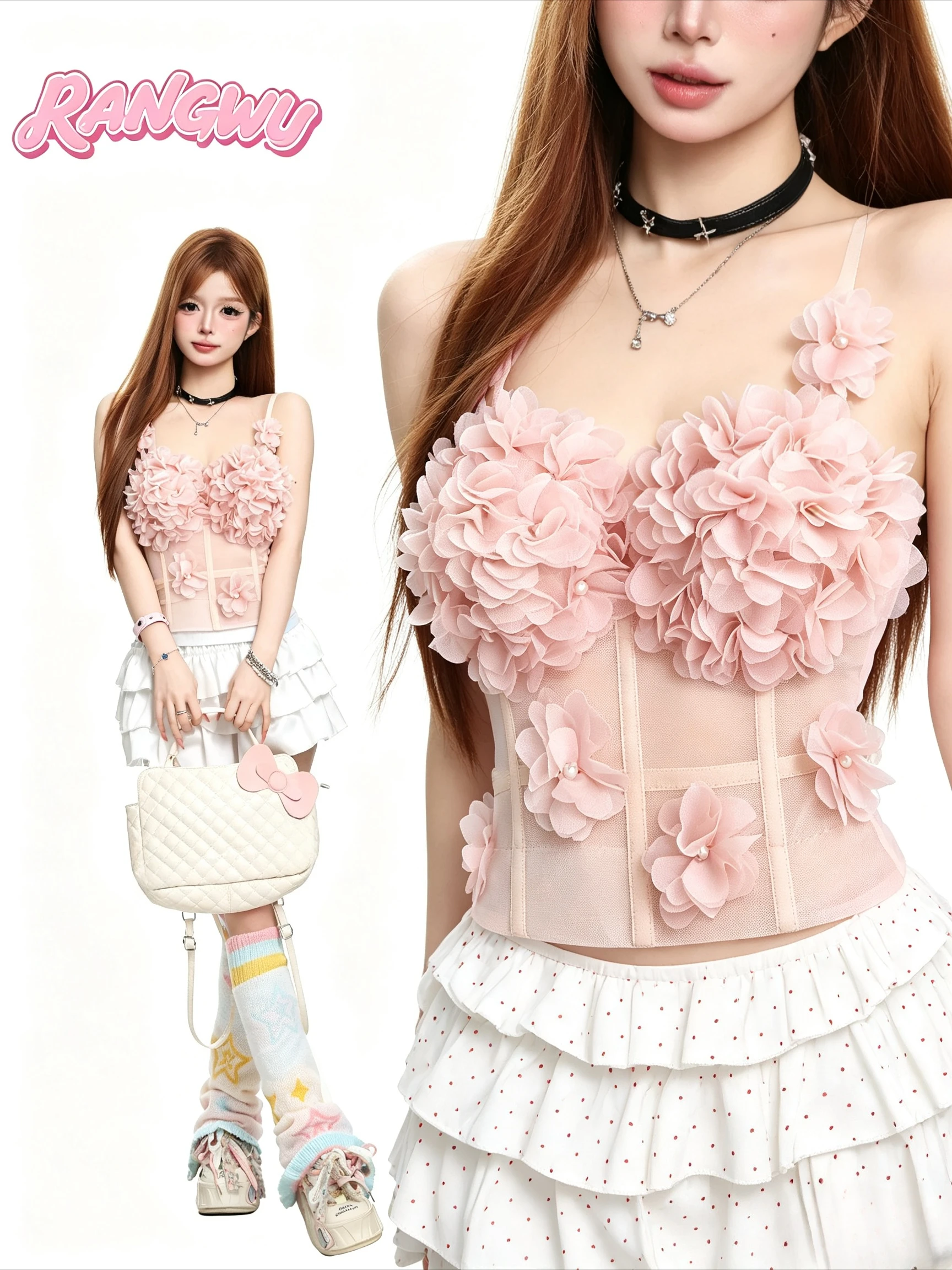Hotsweet Women Backless Camis Short Top Sweet Floral Pattern Sleeveless Spaghetti Straps French Street Summer Vest Blouse