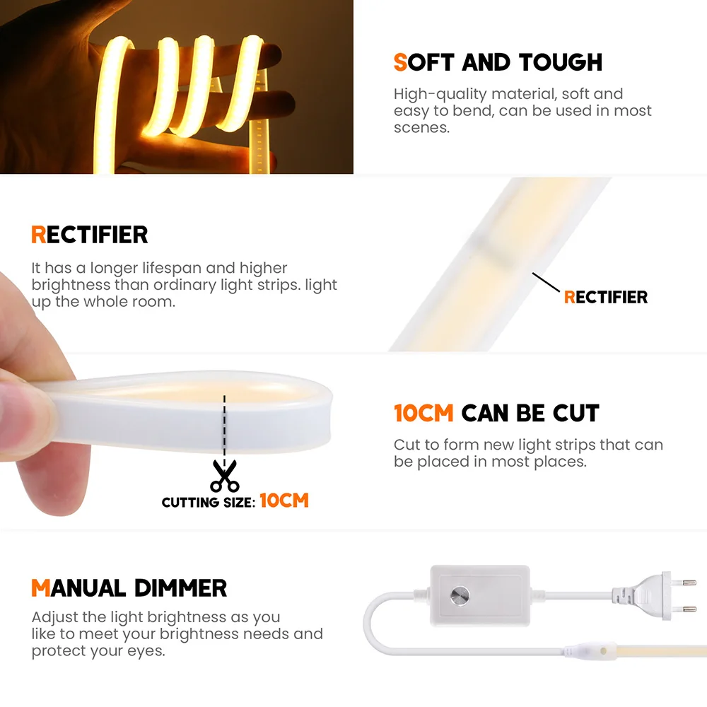 Waterproof COB LED Strip Neon Light Dimmer Switch EU UK Power Kit 220V 230V 240 LEDs Flexible Tape Lamp with IC Liner Lighting