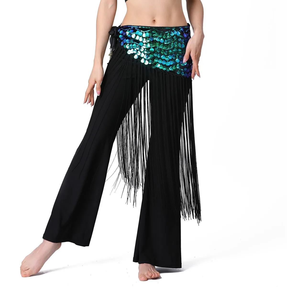 Danza del ventre Hip gonna paillettes nappa sciarpa cristalli Costume frangia abiti danza del ventre Performance Wave Wrap Belt Carnival Silver