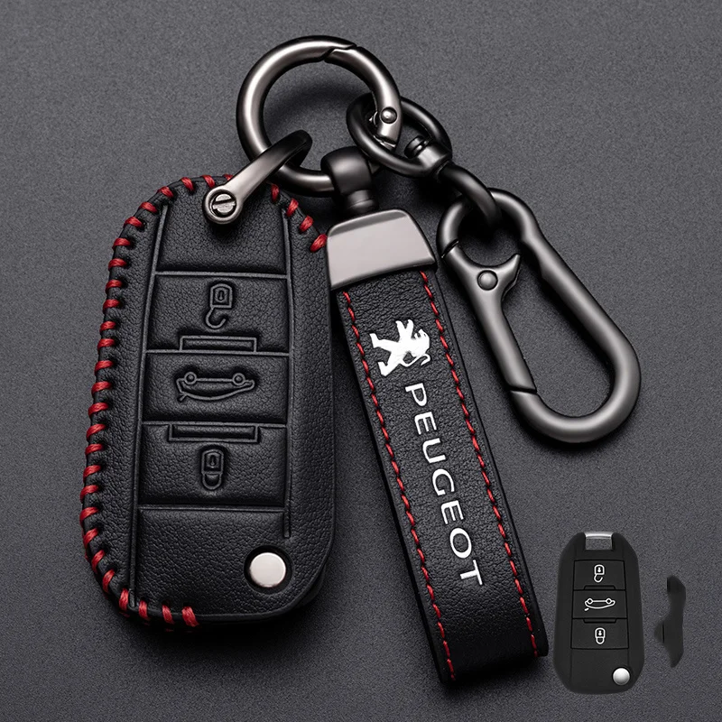 Schlüsselhülle aus Zinklegierung und Leder für Peugeot 208 3008 308 508 408 2008 307 4008, Schutzschlüsselanhänger, Zubehör