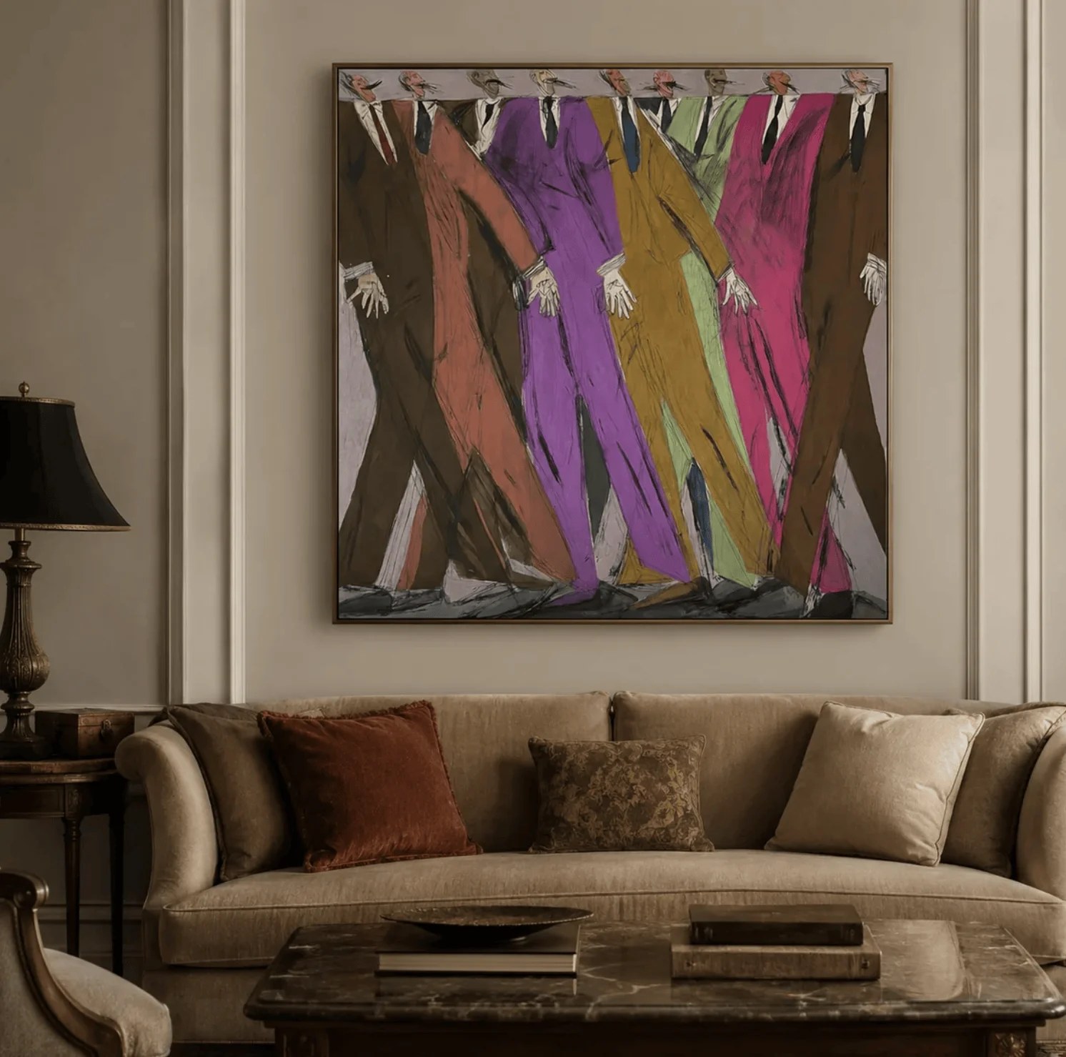 Abstract Walking Men Colorful Suits Wall Art Canvas Prints, Figurative Posters, Bold Retro Decor for Living Room Bedroom Decor