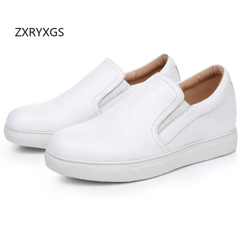 ZXRYXGS 2025 Spring New Top Cowhide White Black Casual Sneakers Women's Shoes Flat Interior Height Increase Wedges Trendy Shoes