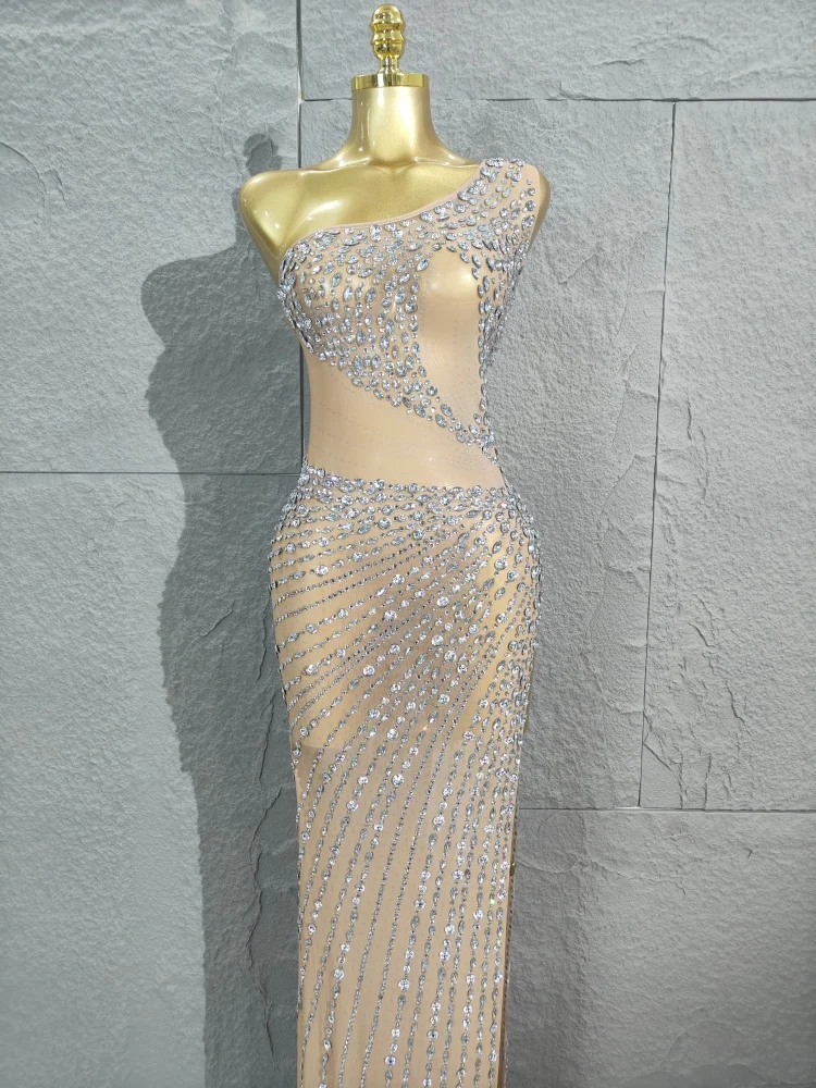 

2025 Birthday Party Costume Women Sexy Mesh Transparent Skin Crystal Diamonds Maxi Dress Night Club Singer Sheer Dress