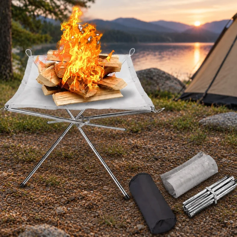 Foldable Stainless Steel Mesh Fire Pit with Wood Stove Holder for Outdoor Camping and BBQ Bonfires