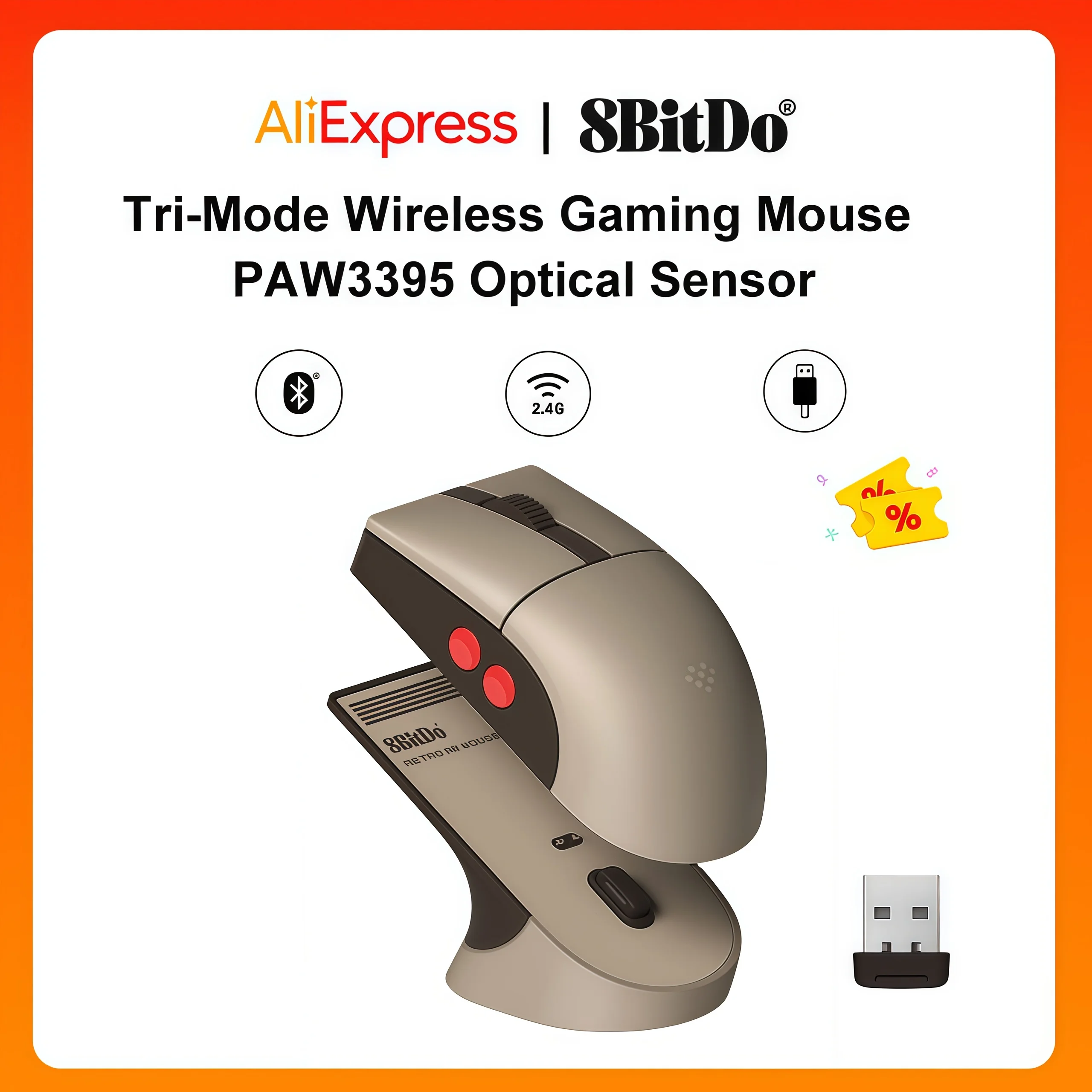 

Беспроводная мышь 8BitDo Retro R8 с зарядной док-станцией, оптическим сенсором PAW 3395, разрешением DPI 26 000, частотой опроса 4K и программируемыми кнопками