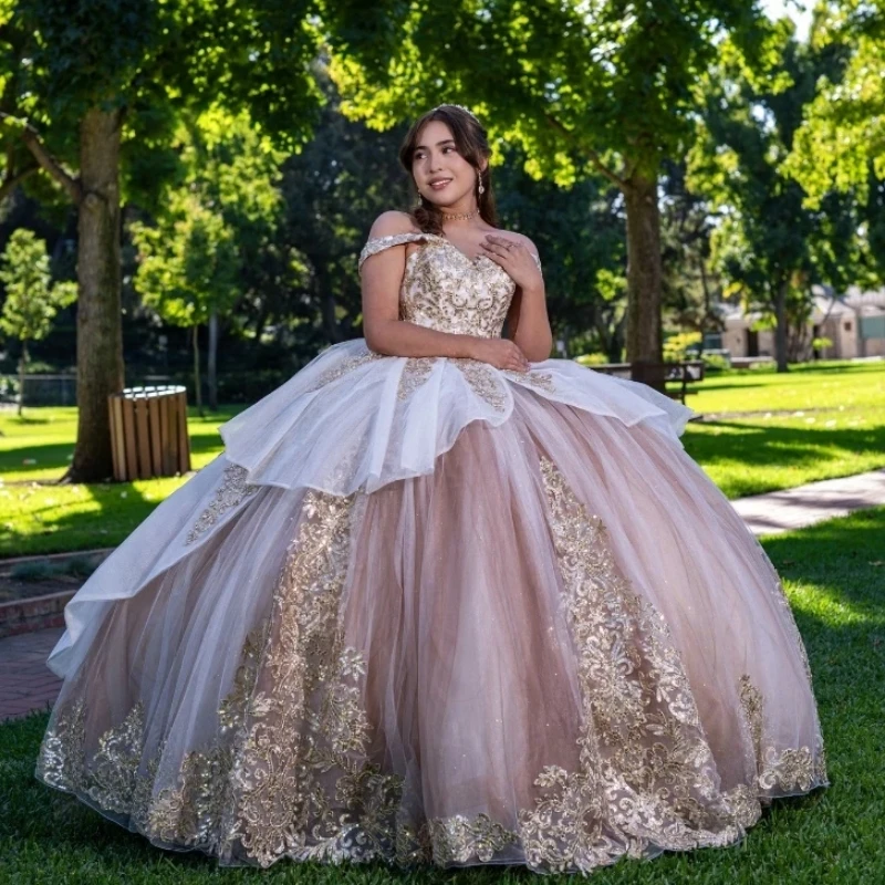 

Sexy Off Shoulder Ball Gown Quinceanera Dress 2024 Tulle Gold Appliques Lace Sweet 15 16 Years Birthday Party Formal