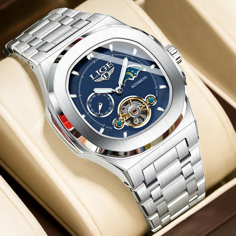 

Мужские часы LIGE, повседневные спортивные военные автоматические механические наручные часы для мужчин, модные водонепроницаемые светящиеся часы с турбийоном, мужские часы
