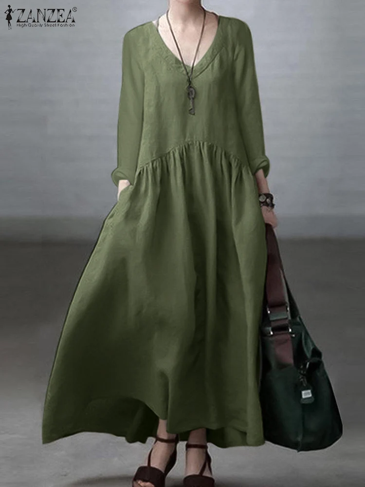 ผู้หญิงฤดูใบไม้ร่วง Vintage 2023 ZANZEA Elegant V คอยาวแบบสบายๆ Maxi Sundress Robe Femme สไตล์วันหยุด Vestidos