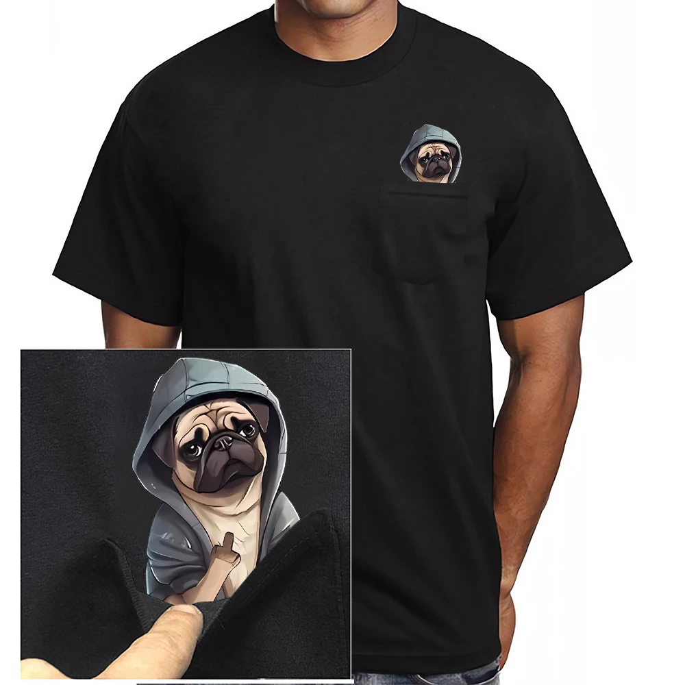 CLOOCL Pug Dog Cotton T-Shirts Pekingese Show The Middle Finger Printed Pocket T-shirt Mens Women Clothing Short Sleeve Shirts